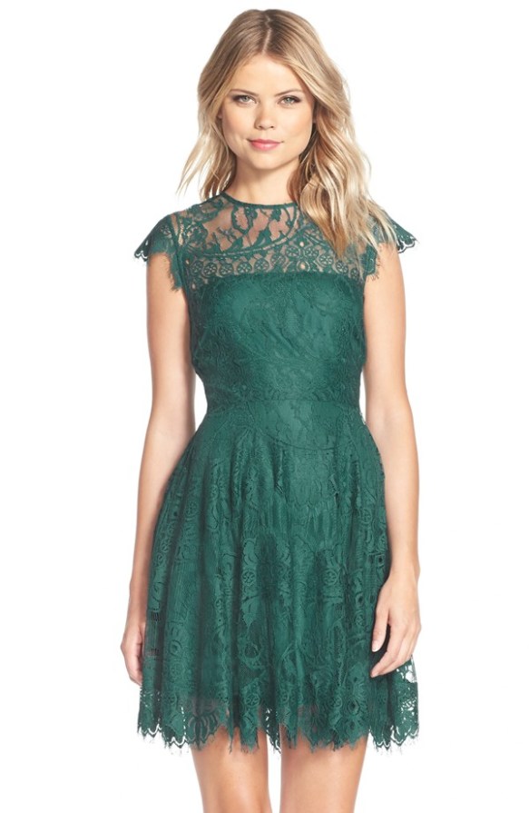 slim fit dress slacks Kate Puff Sleeve Lace Dress-Dark Green